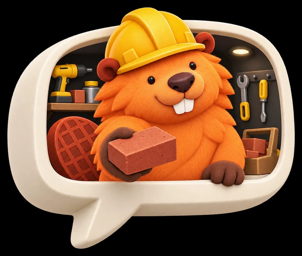 Patchy inside a chat bubble, handing you a brick from his workshop
