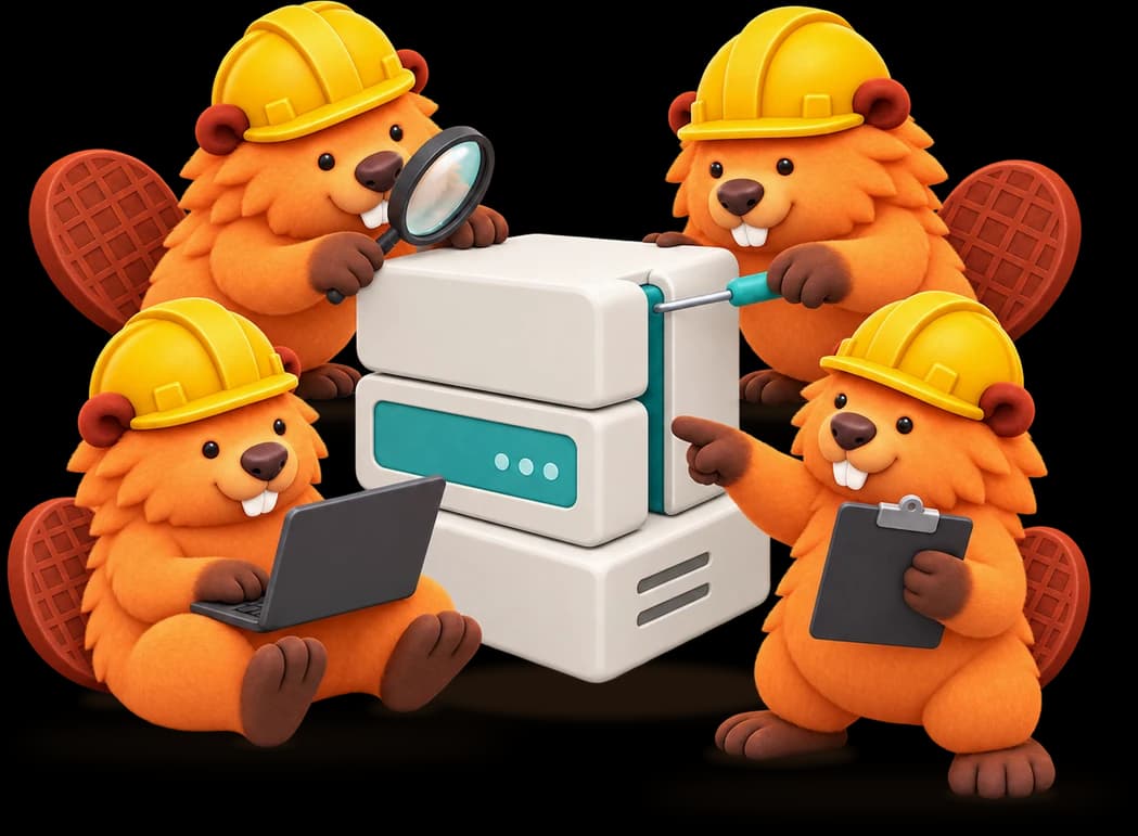 Four Patchys working as a crew around a server, probing it for weak spots
