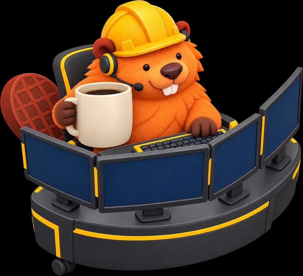 Patchy at a desk of monitors with a mug of coffee, keeping watch