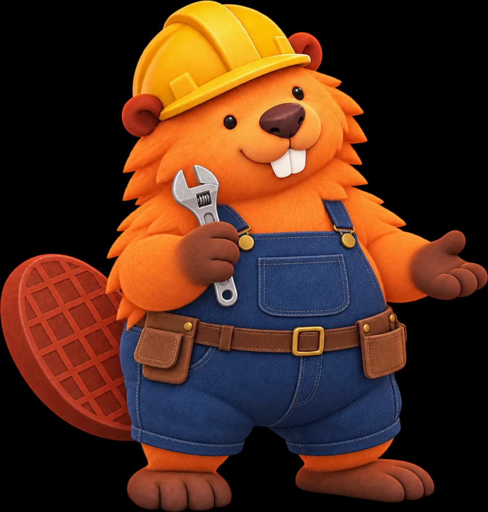 Patchy in overalls holding a wrench, showing you the way