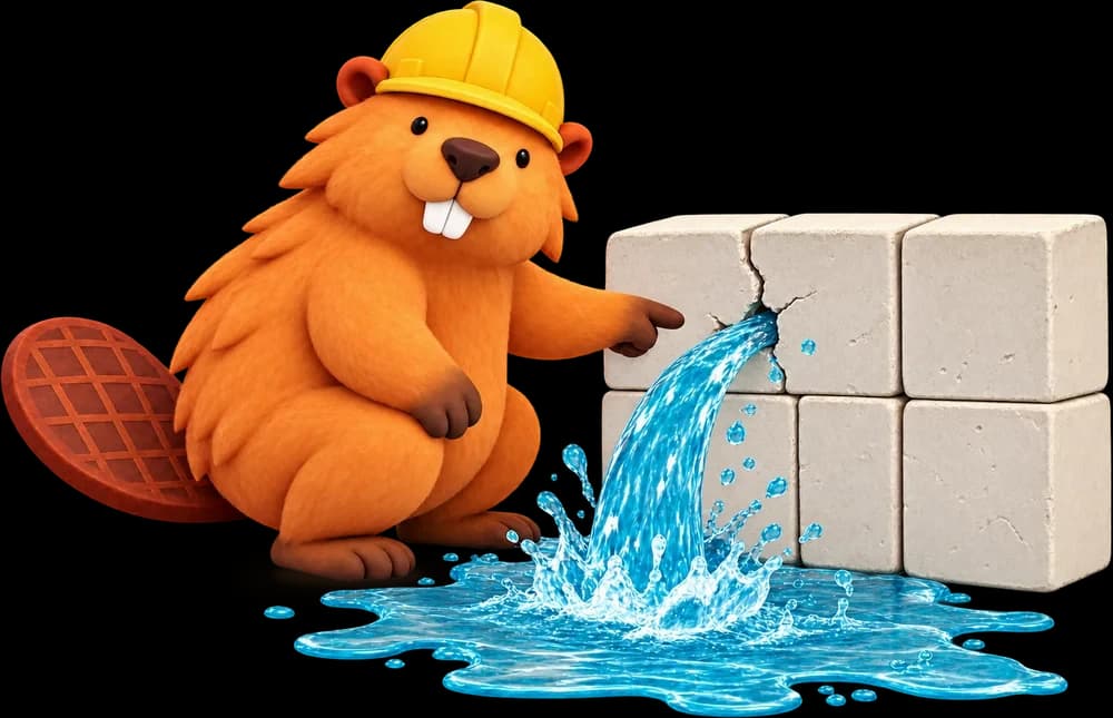 Patchy crouching and pointing at the crack a leak comes from