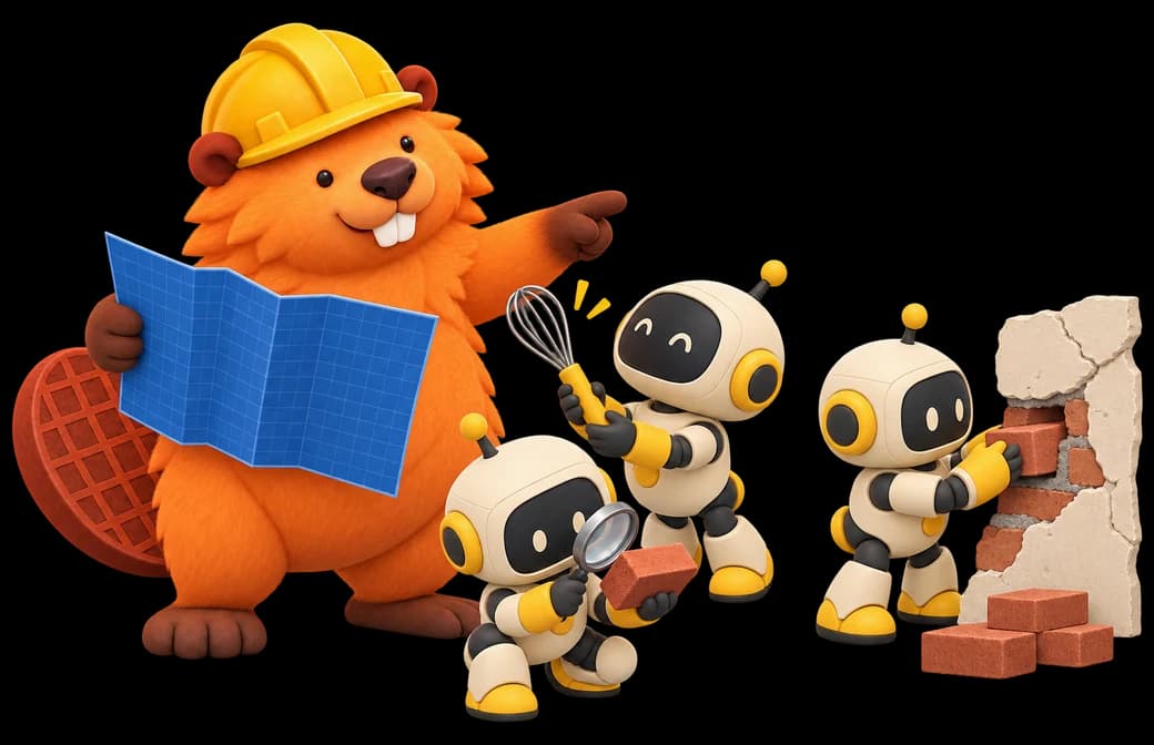 Patchy reading a blueprint and directing three small robots as they fix a brick wall